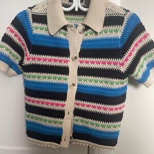 knit Short-Sleeve Crochet Button-Up Shirt - Black, Blue & Pink